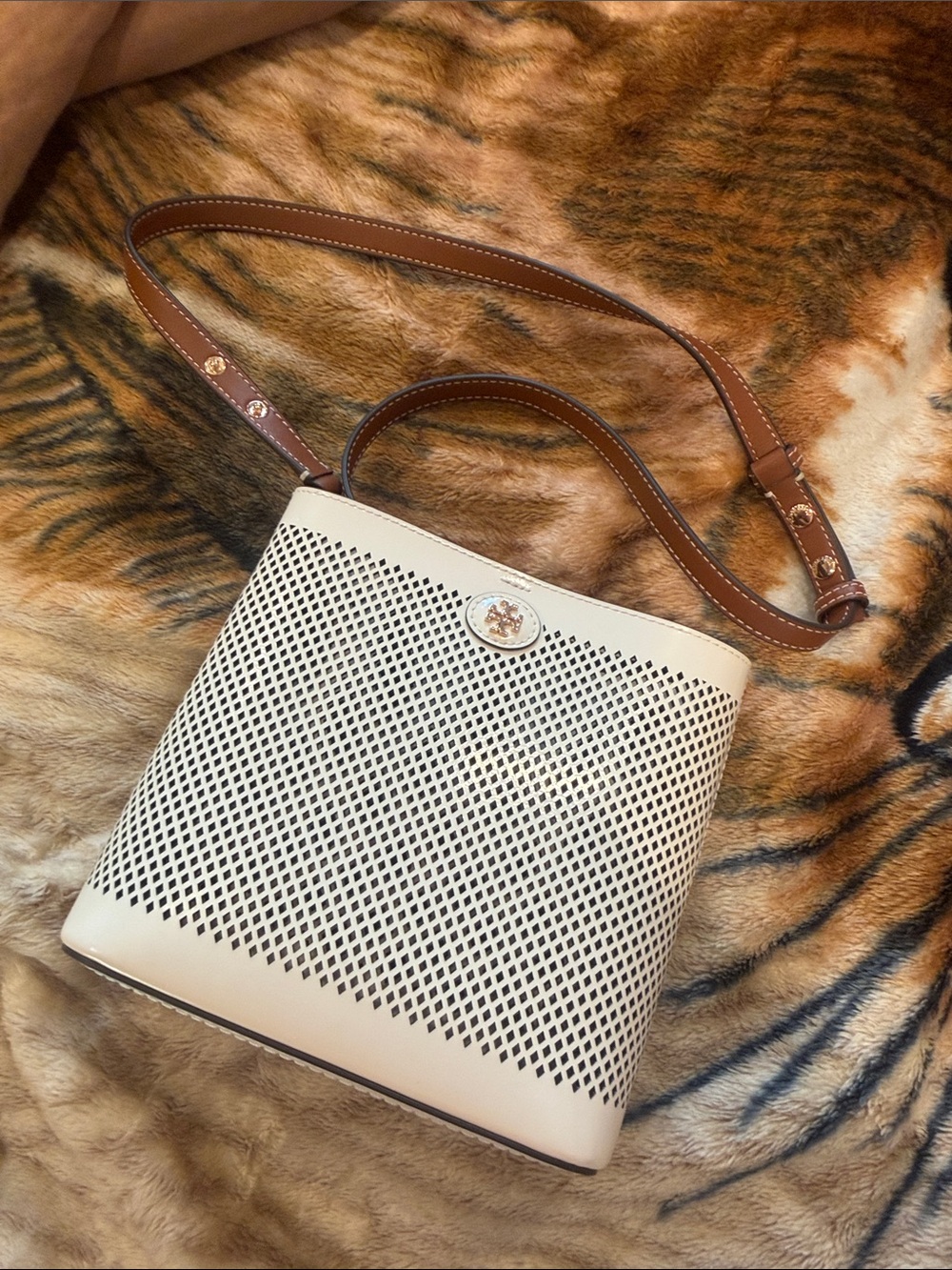 Cream and Brown Tory Burch Crossbody Bag